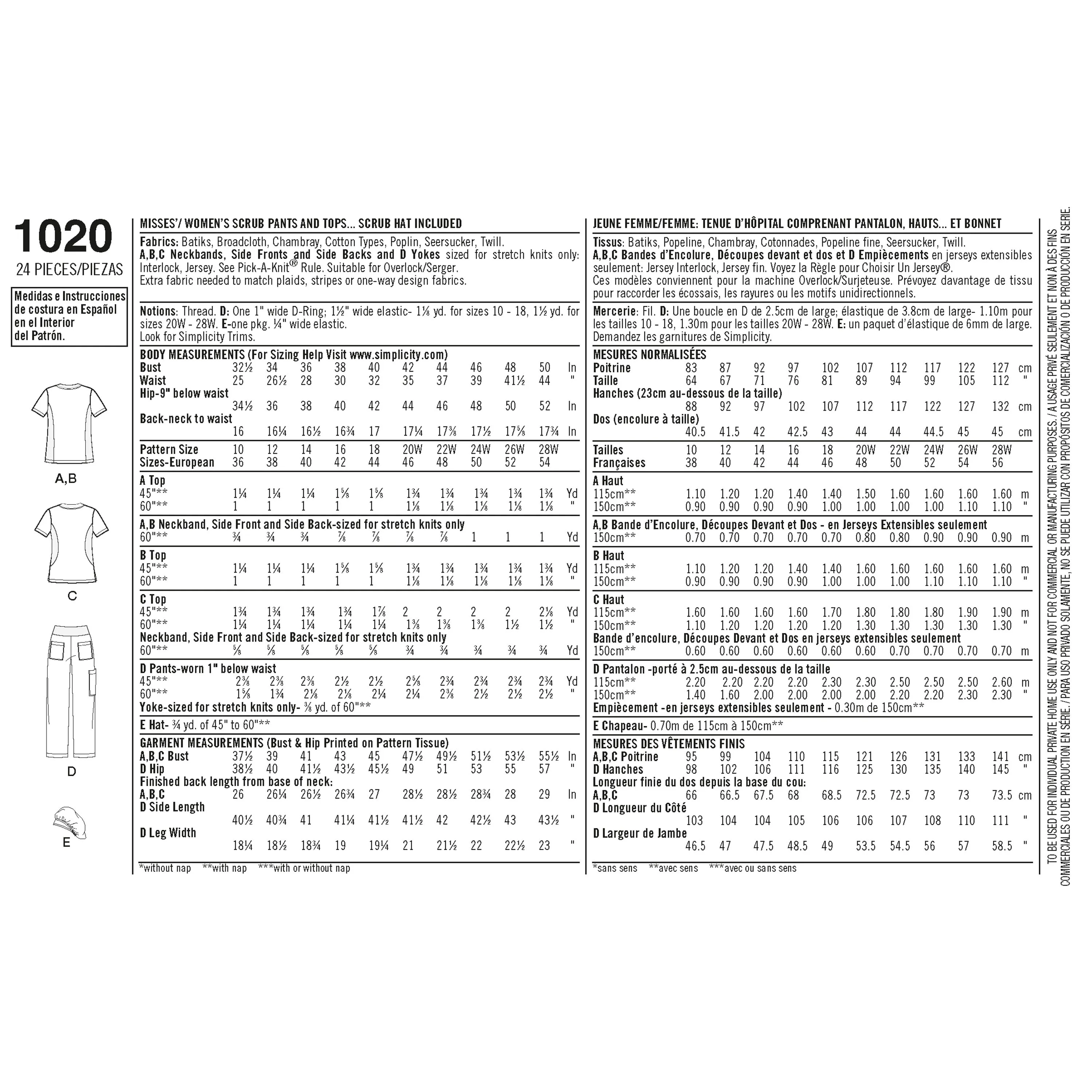 Simplicity Sewing Pattern 1020 Misses' and Plus Size Scrubs