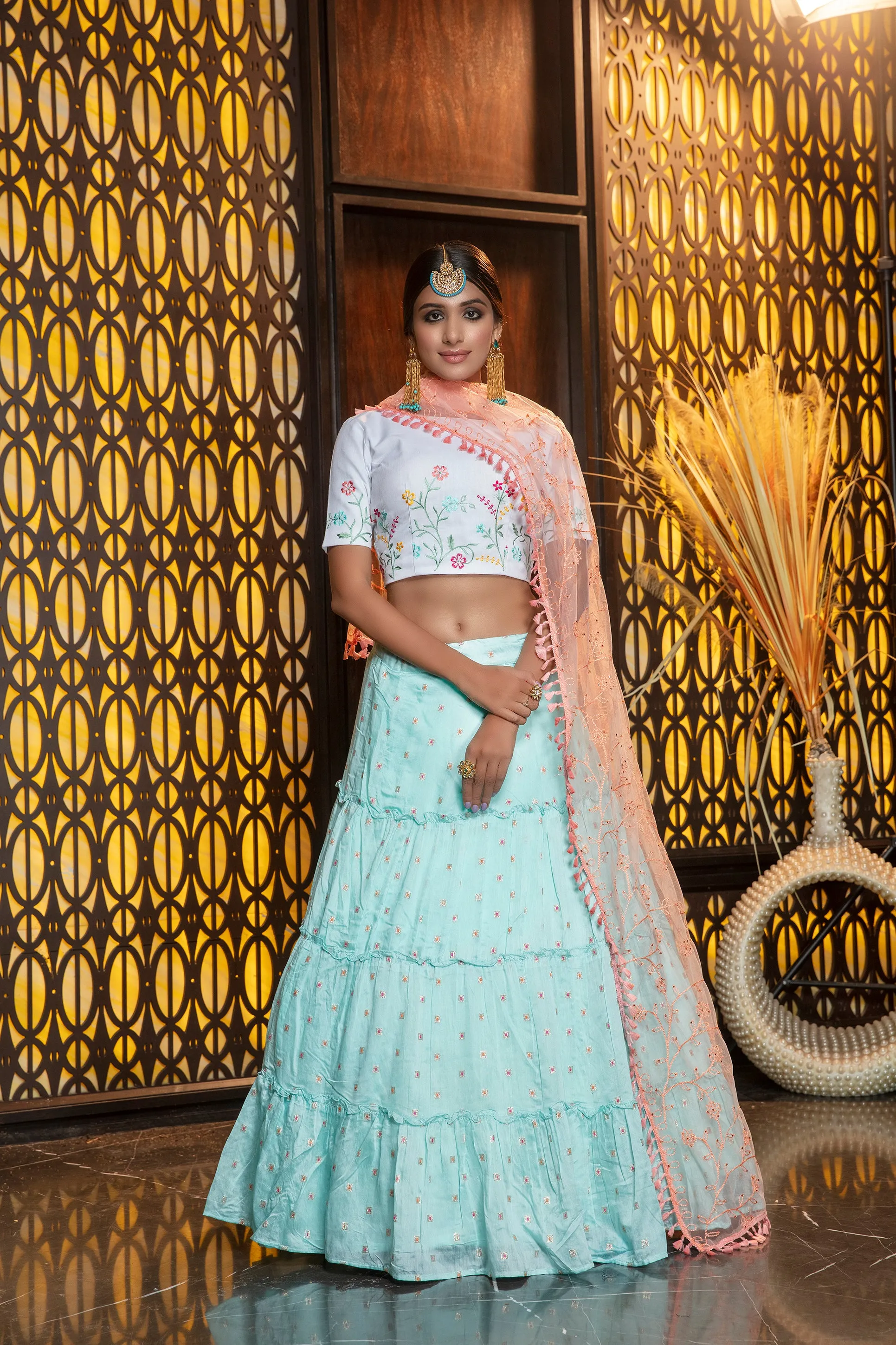 Sky Blue Embroidery Flaired Festival Wear Lehenga With White Choli