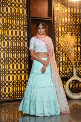 Sky Blue Embroidery Flaired Festival Wear Lehenga With White Choli