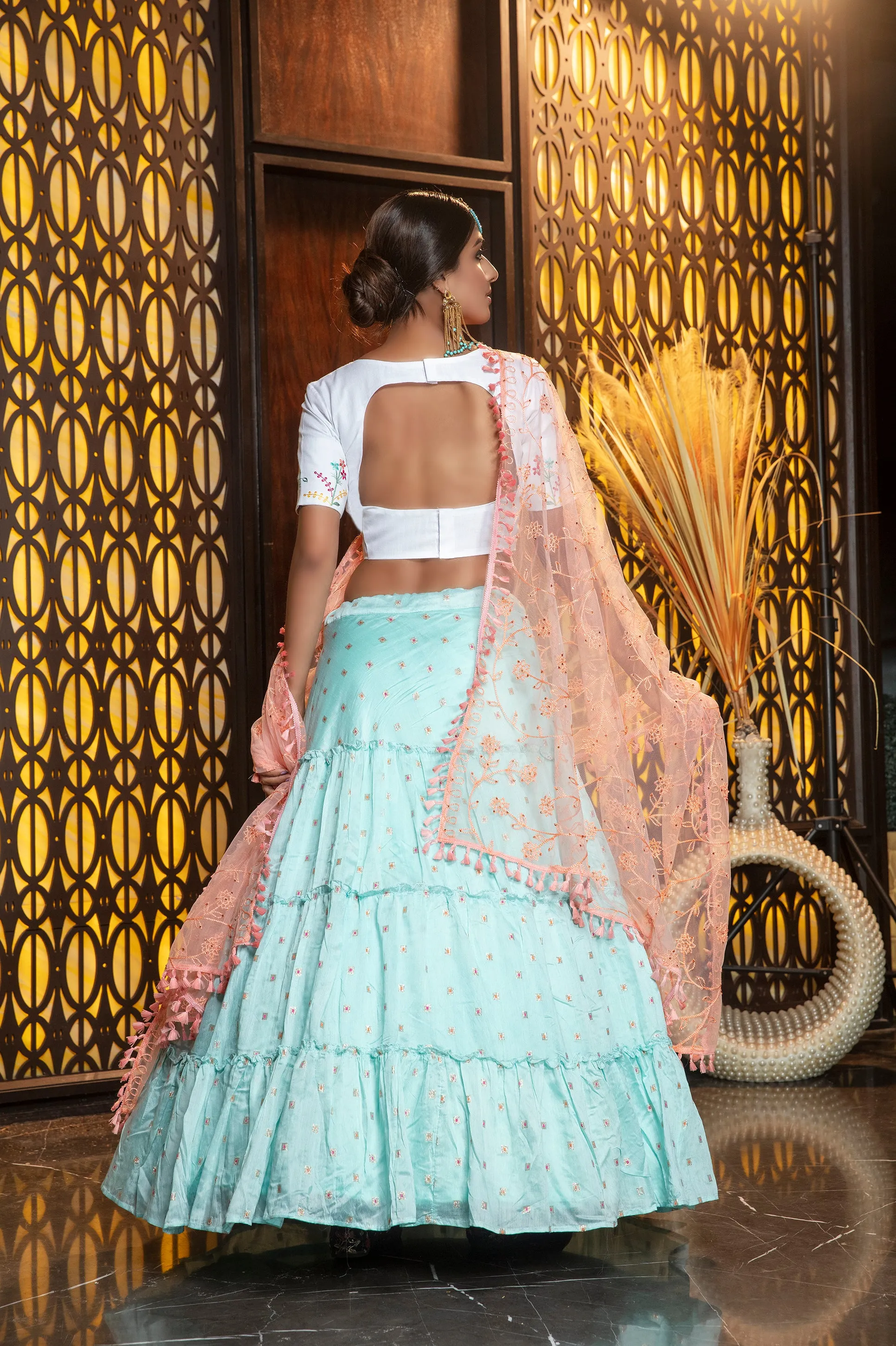 Sky Blue Embroidery Flaired Festival Wear Lehenga With White Choli