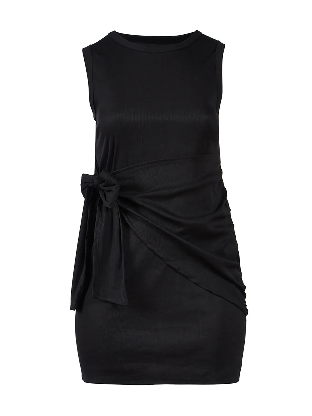 Sleeveless Wrap Ribbon Tie Side Shirring Dress