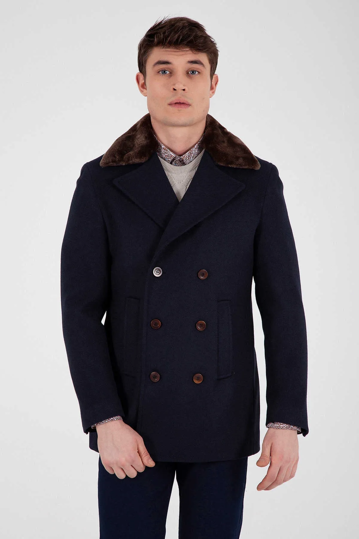 Slim Fit Notch Lapel Wool Blend Navy Overcoat, Navy