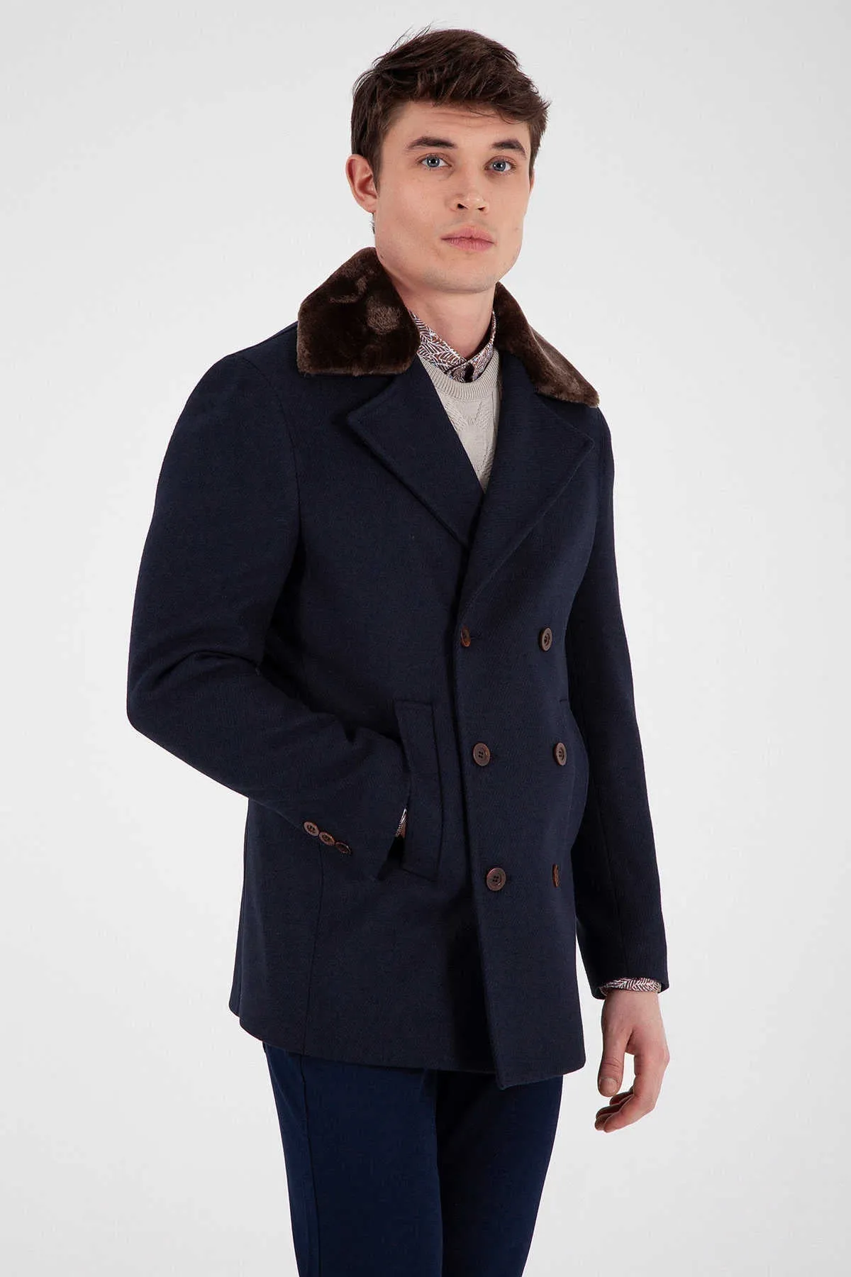 Slim Fit Notch Lapel Wool Blend Navy Overcoat, Navy