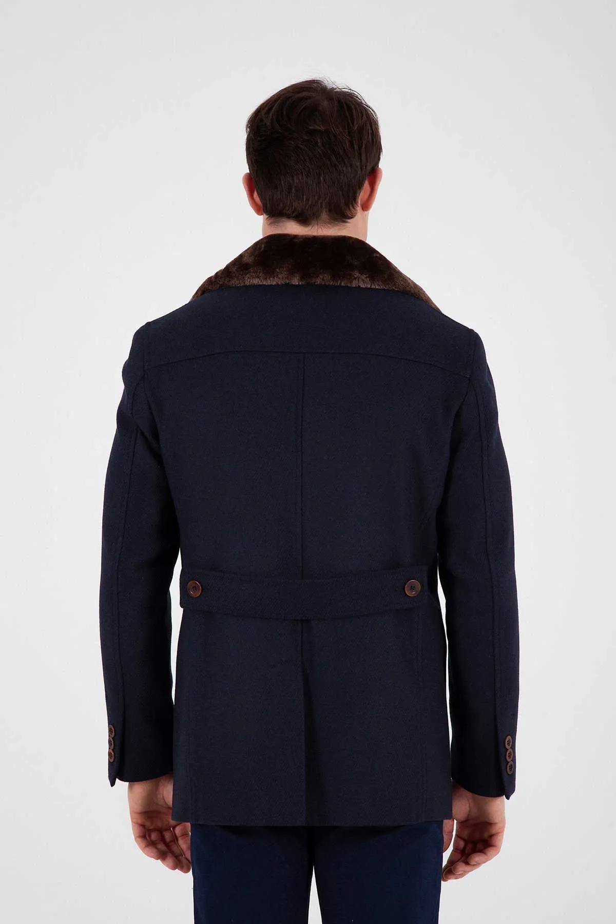 Slim Fit Notch Lapel Wool Blend Navy Overcoat, Navy