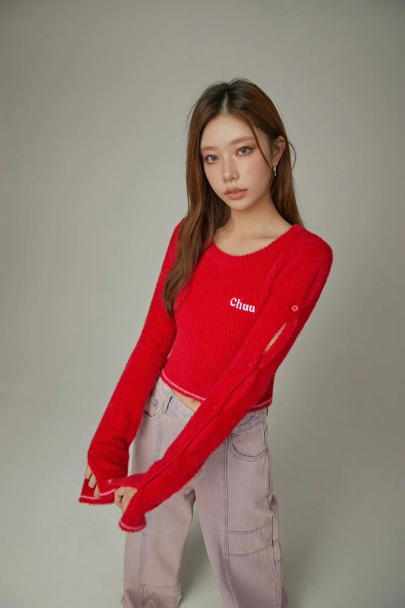 Slit Sleeves Button Crop Knit Sweater