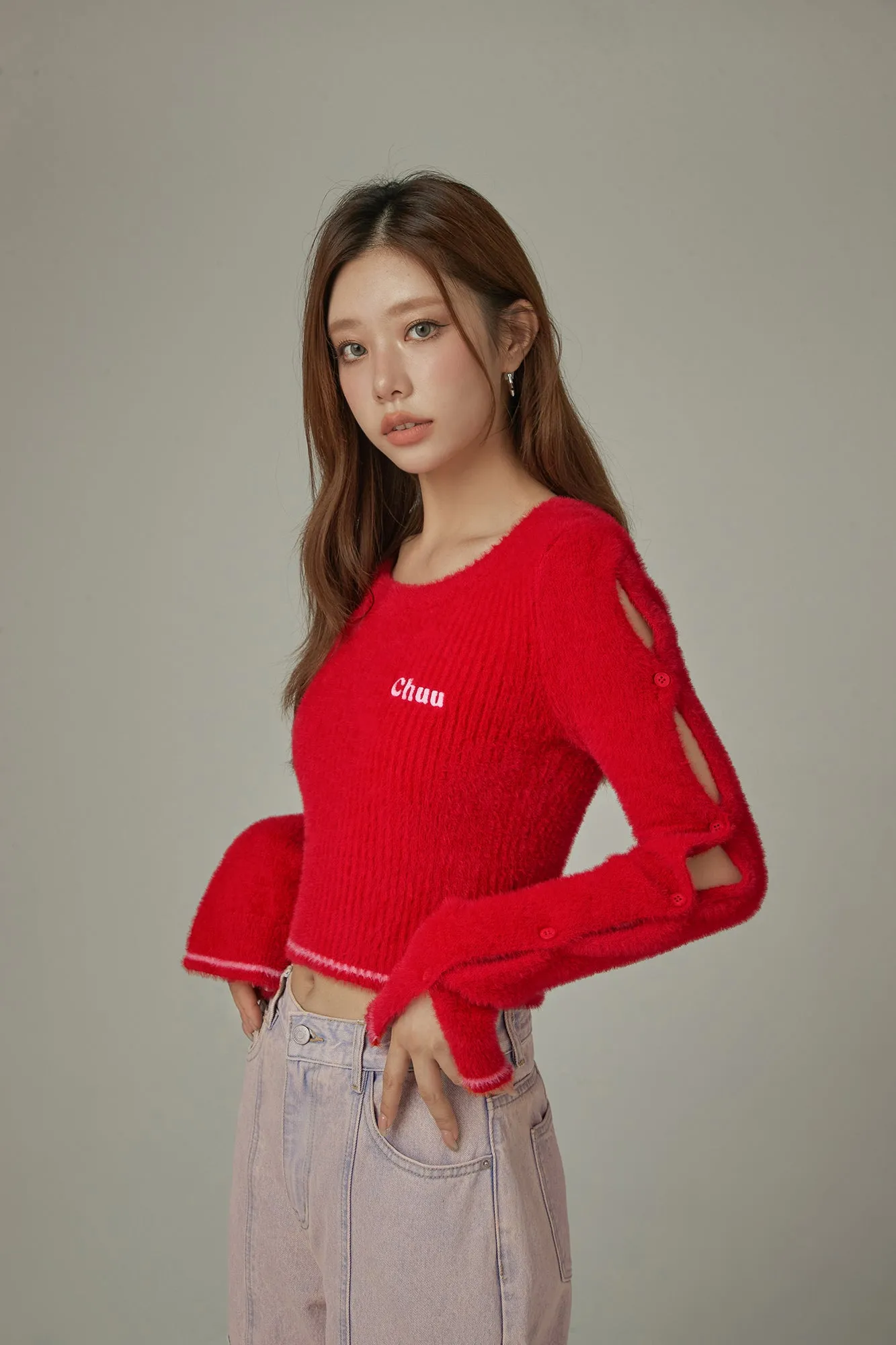 Slit Sleeves Button Crop Knit Sweater