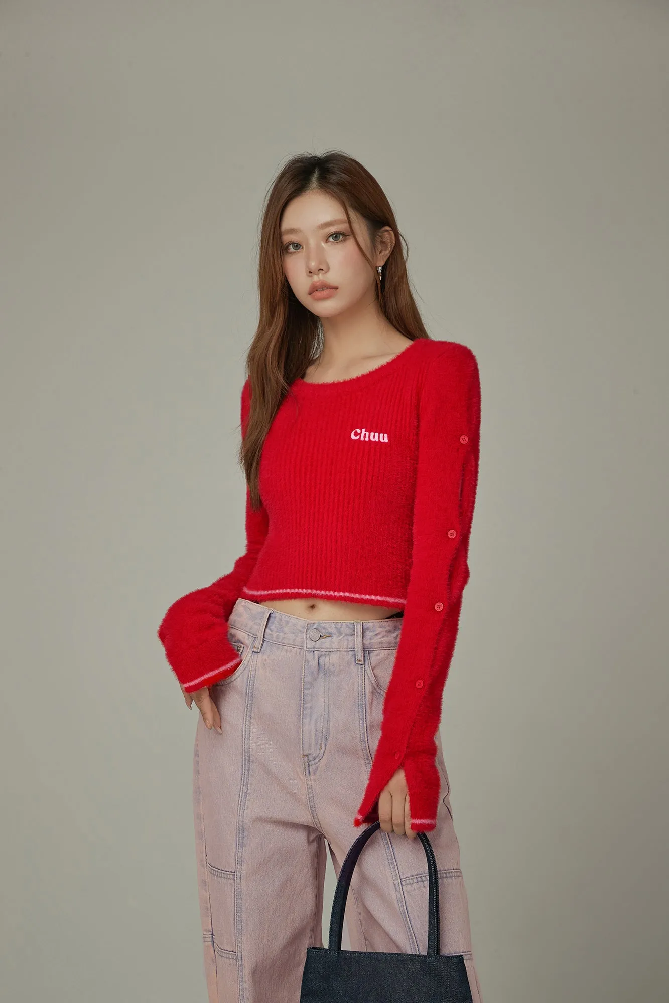 Slit Sleeves Button Crop Knit Sweater