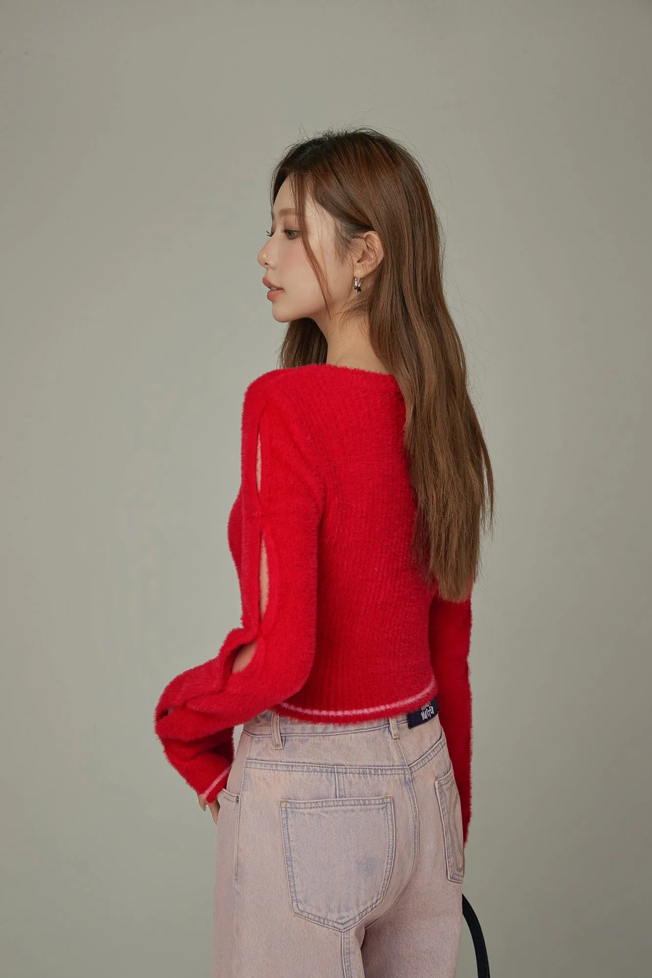 Slit Sleeves Button Crop Knit Sweater