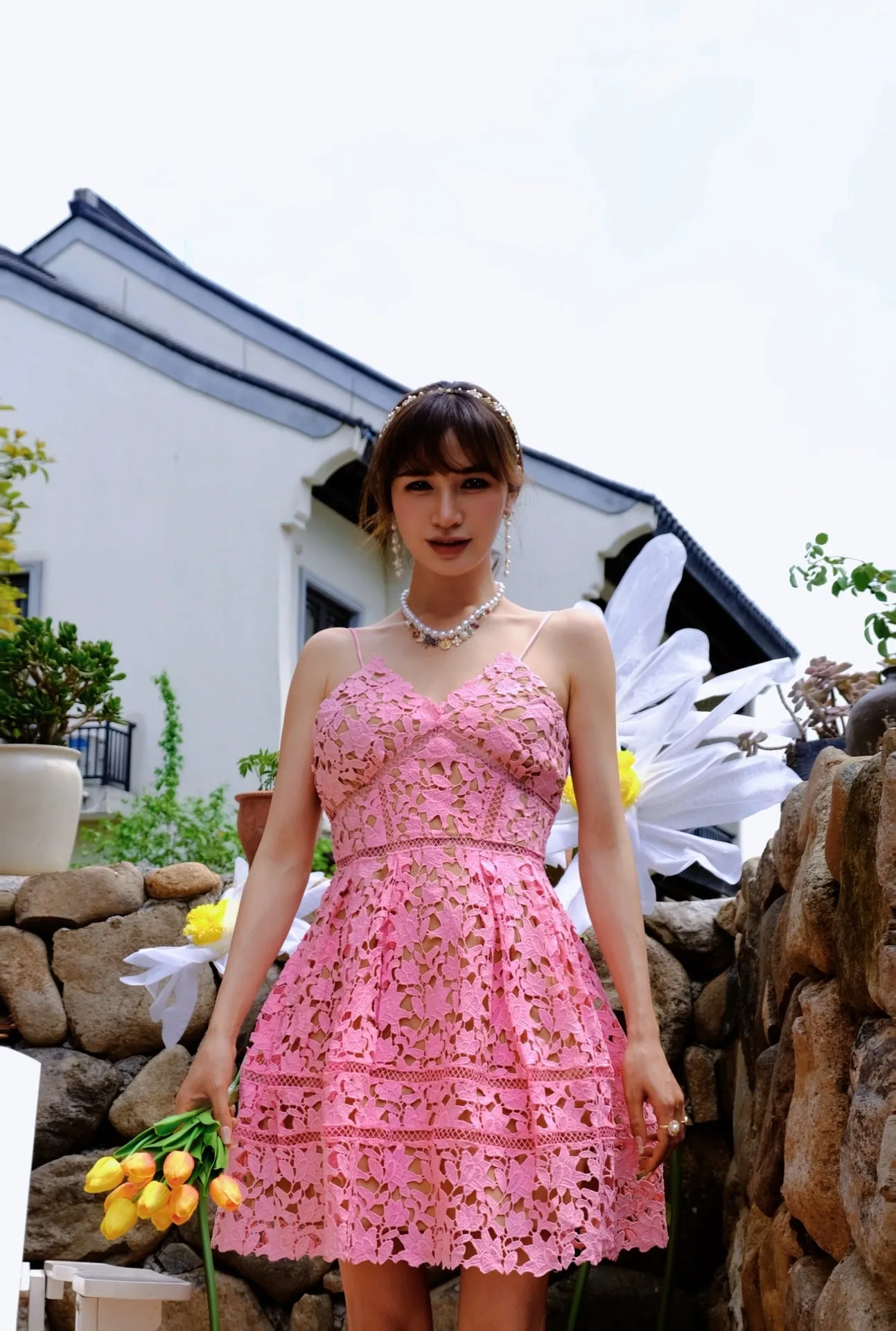 SP Autumn and Winter New Bubble Gum Pink Azalea Lace Hollow-out Camisole Dress Short Skirt Sleeveless Solid Color Dress