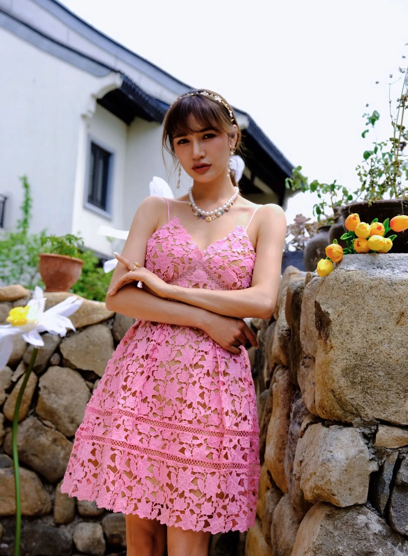 SP Autumn and Winter New Bubble Gum Pink Azalea Lace Hollow-out Camisole Dress Short Skirt Sleeveless Solid Color Dress