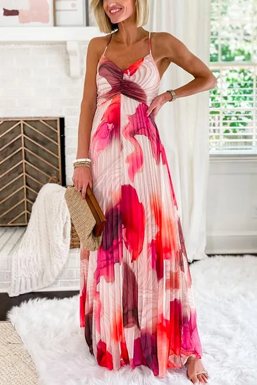 Spaghetti Strap Print Pleated Flowy Maxi Dress