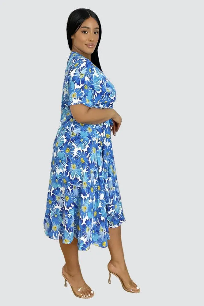 Spring Floral Print Midi Wrap Dress