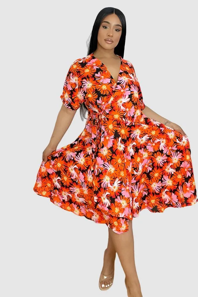 Spring Floral Print Midi Wrap Dress