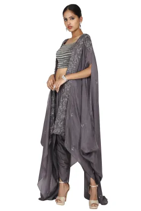 Steel grey cape and dhoti set.