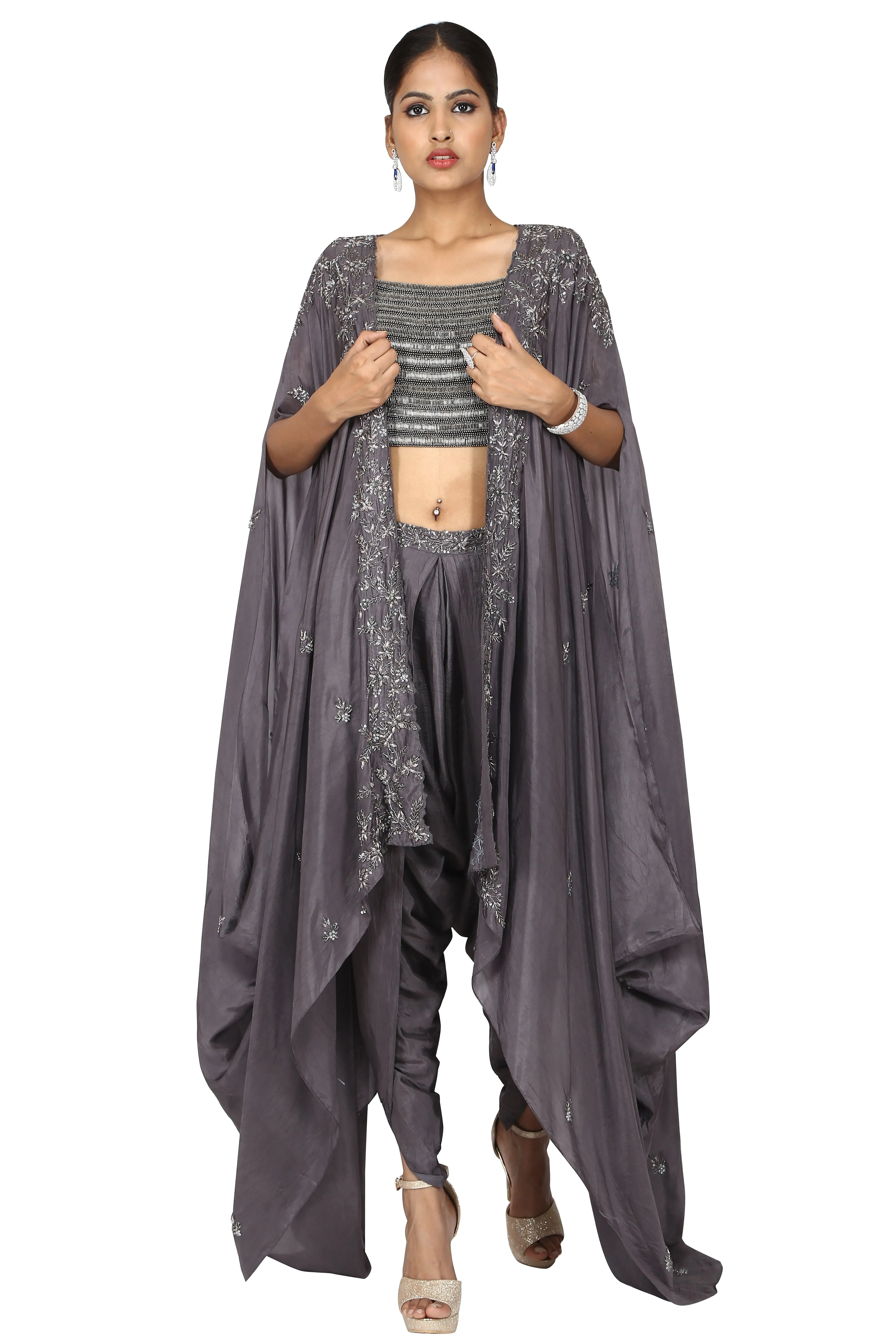 Steel grey cape and dhoti set.