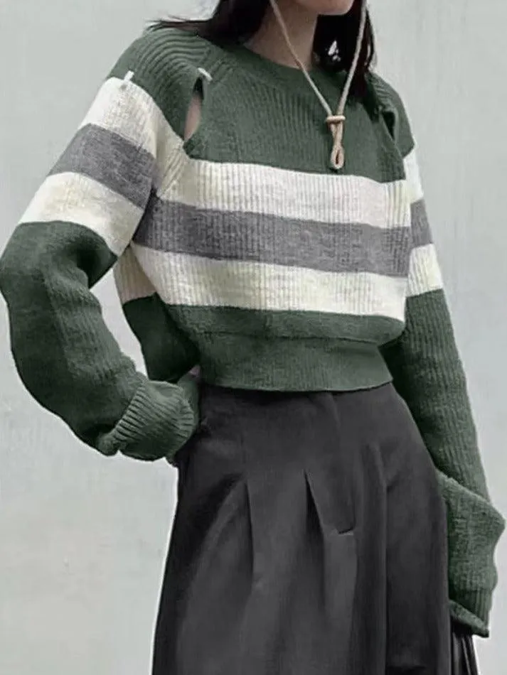 Stripe Print Cutout Design Sweater