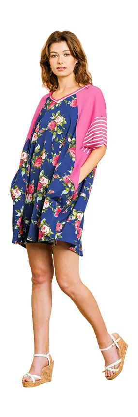 Striped & Floral Pocket Dress, Navy