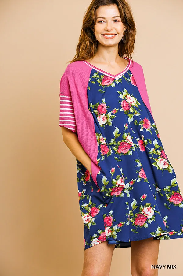 Striped & Floral Pocket Dress, Navy