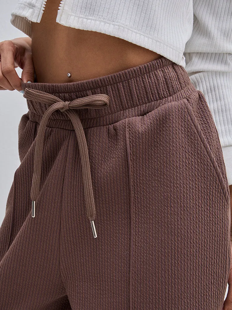 Studiofit Brown Seersucker High-Rise Track Pants