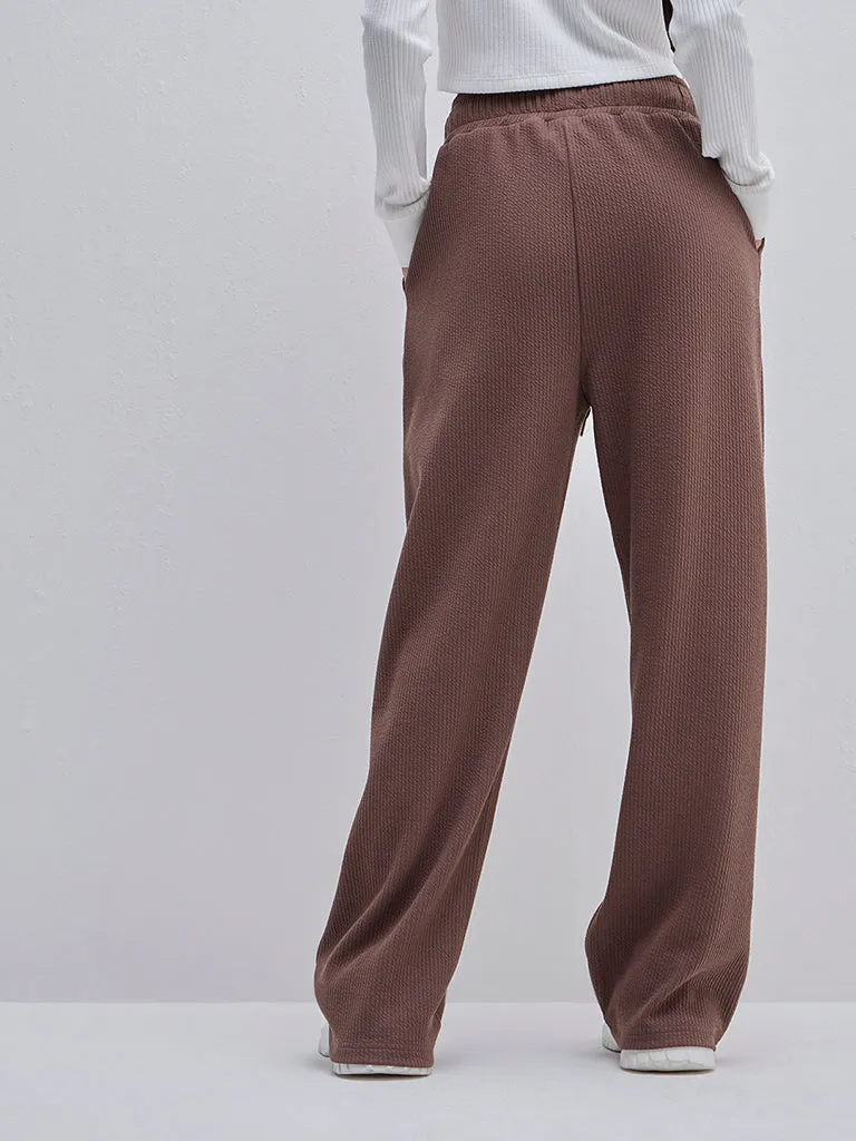 Studiofit Brown Seersucker High-Rise Track Pants