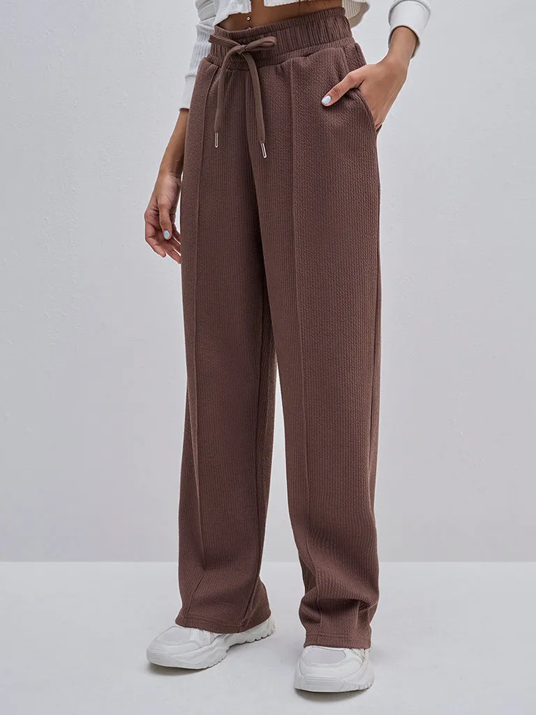 Studiofit Brown Seersucker High-Rise Track Pants