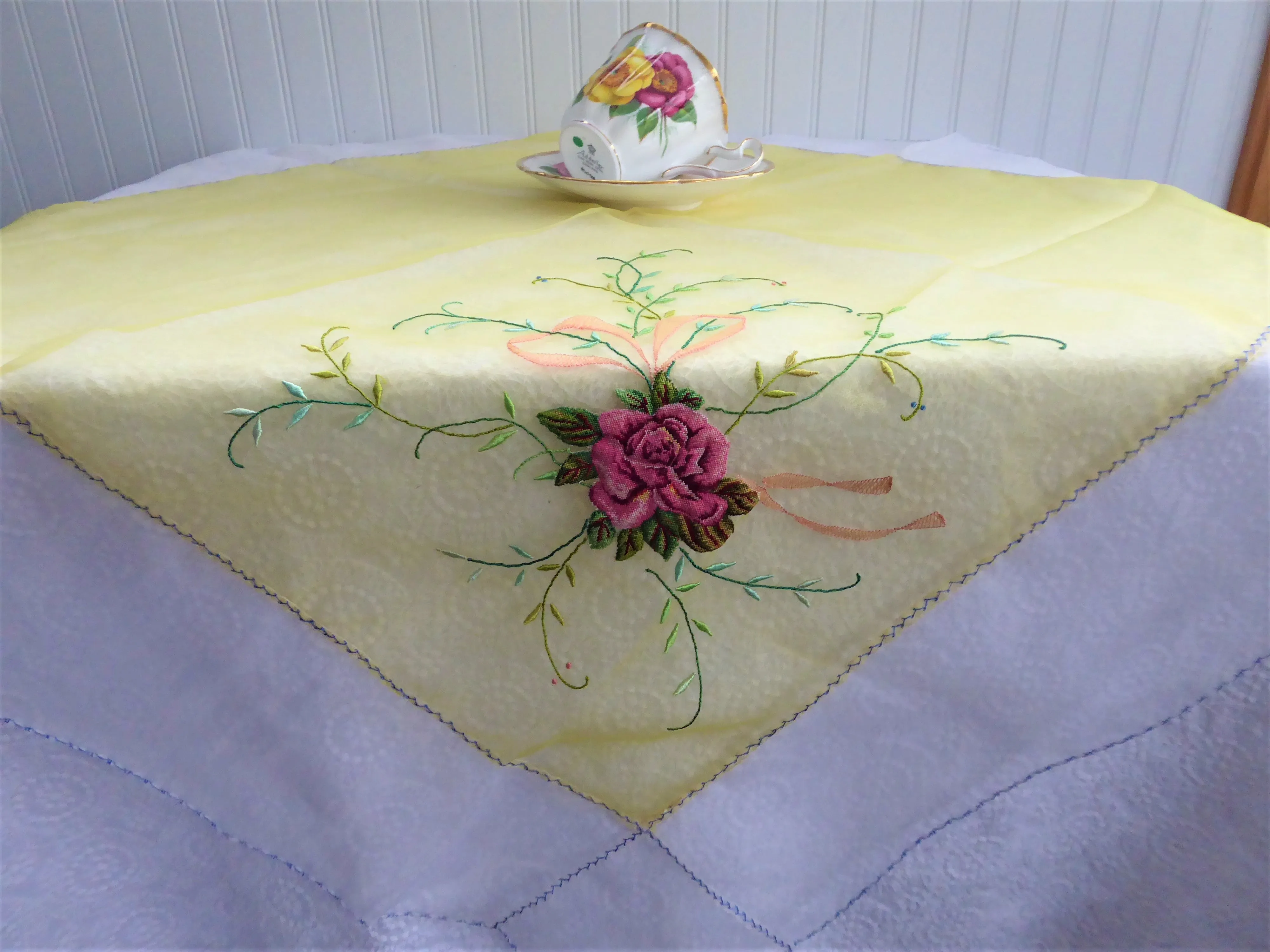 Table Scarf Embroidered Roses 1950s Organdy Petit Point 28 Inch Square Topper Swiss