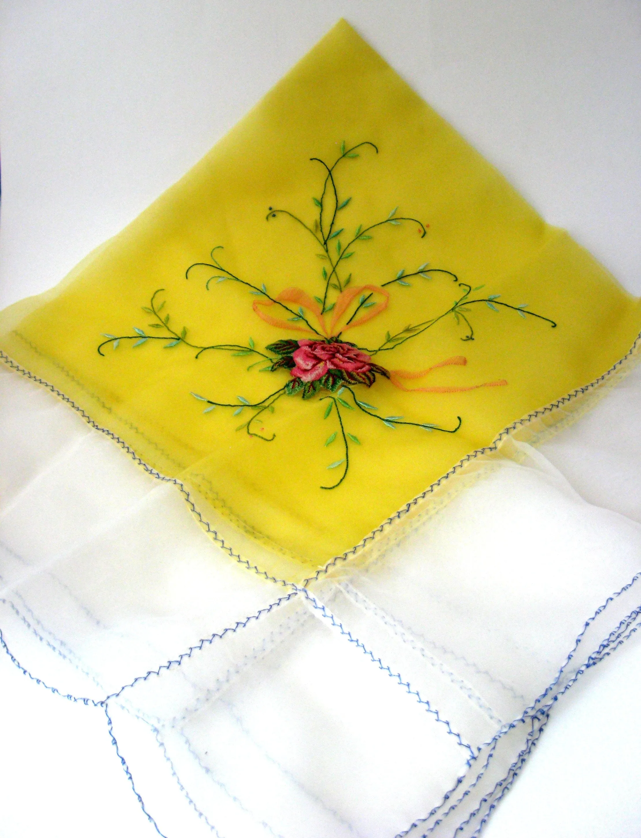 Table Scarf Embroidered Roses 1950s Organdy Petit Point 28 Inch Square Topper Swiss