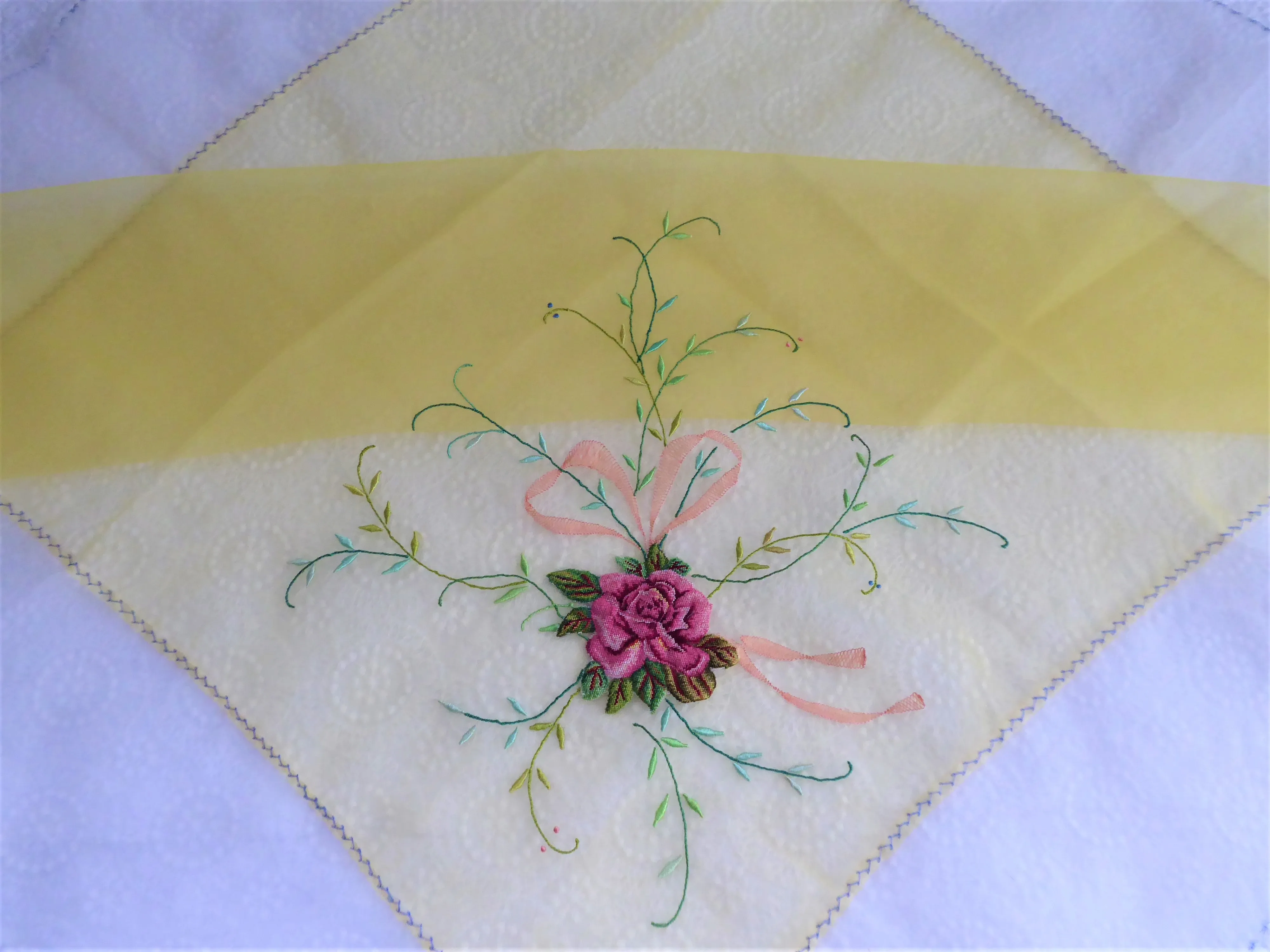 Table Scarf Embroidered Roses 1950s Organdy Petit Point 28 Inch Square Topper Swiss