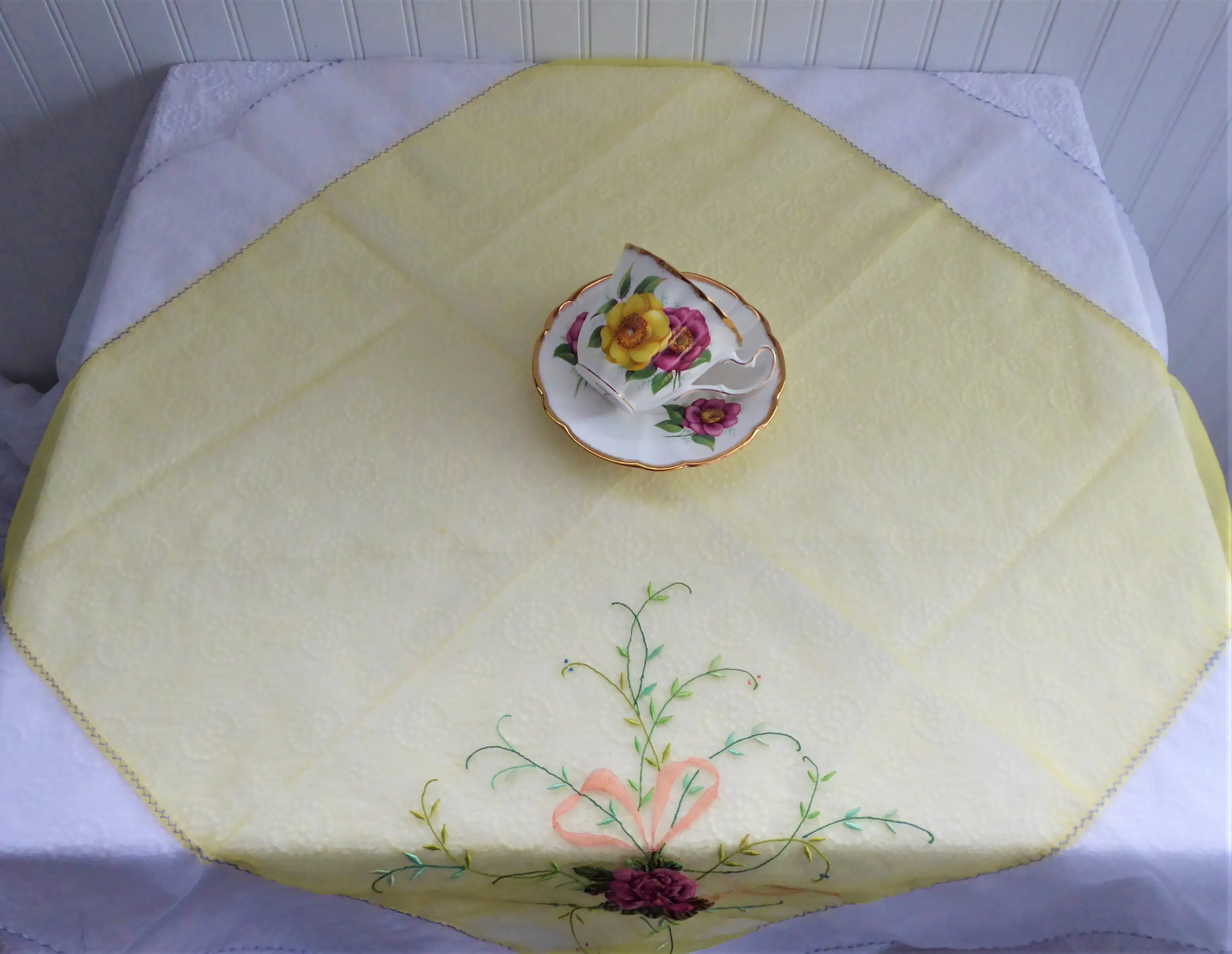 Table Scarf Embroidered Roses 1950s Organdy Petit Point 28 Inch Square Topper Swiss