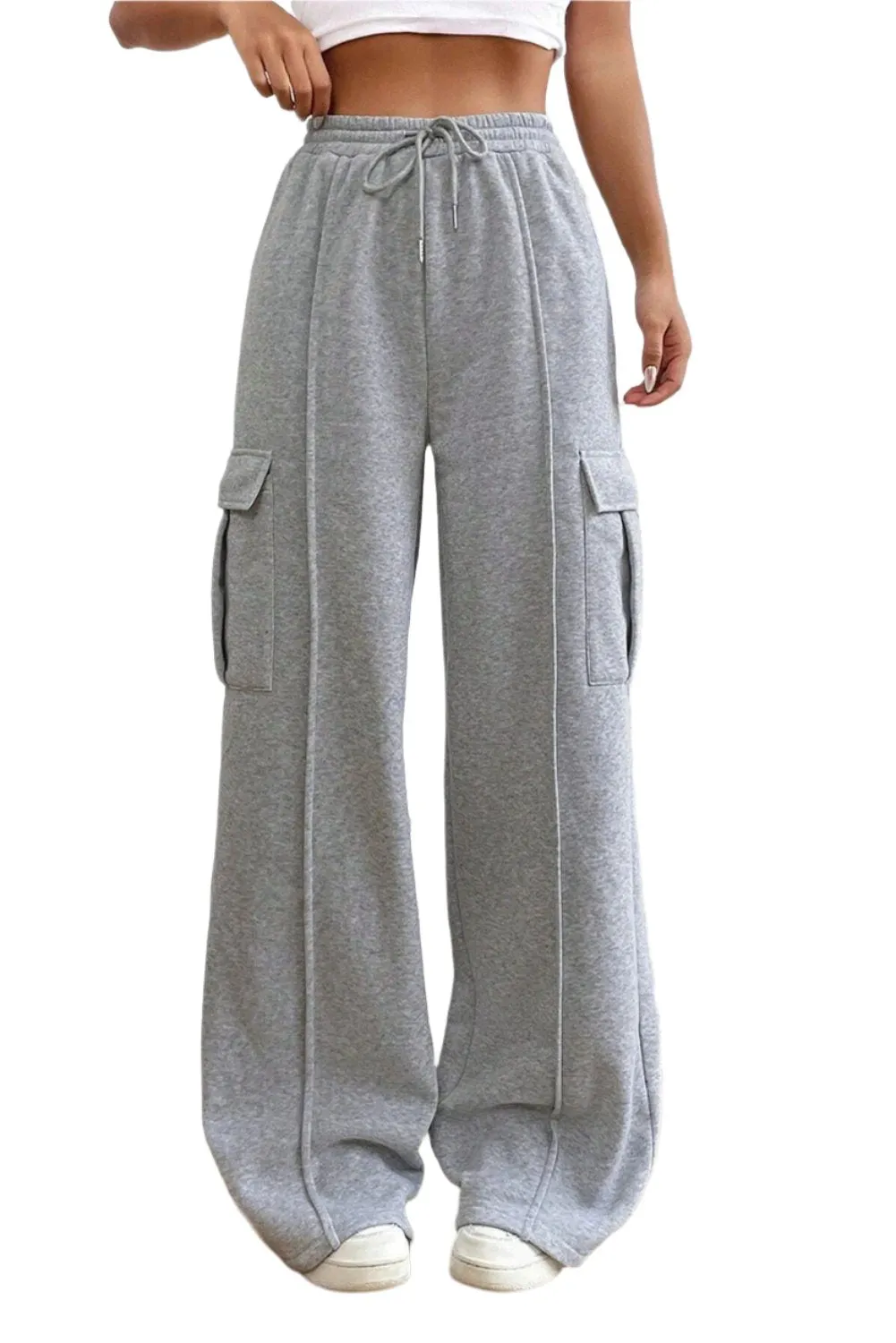 TEEK - Light Gray Drawstring High Waist Pocketed Pants