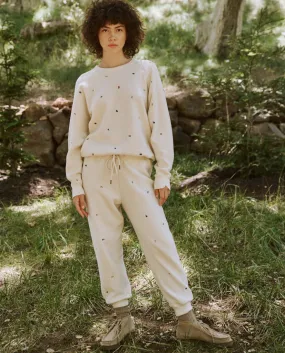 The Great - The Sherpa Cropped Sweatpant w/ Ditsy Floral Embroidery in Washed White