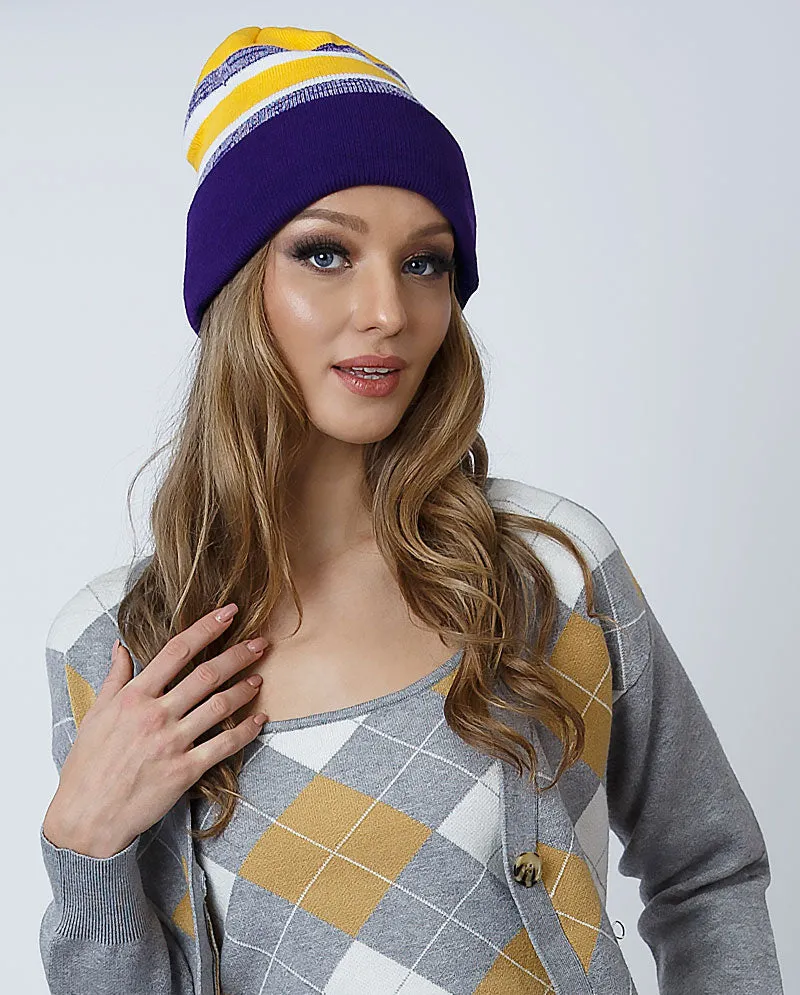 The Hat Depot - Cuffed Stripe Knit Slouch Beanie