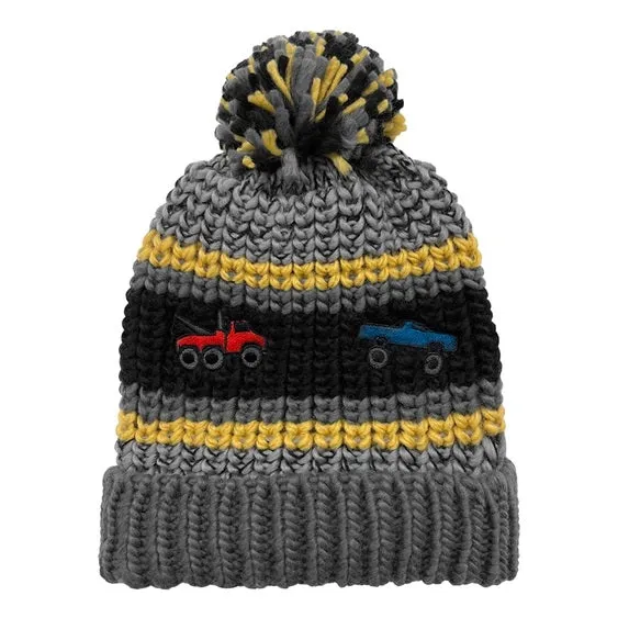 Toddler Boys Knit Cuff Hat with Embroidered Trucks, Assorted Colors