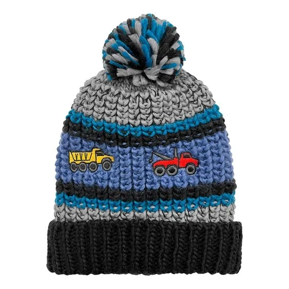 Toddler Boys Knit Cuff Hat with Embroidered Trucks, Assorted Colors