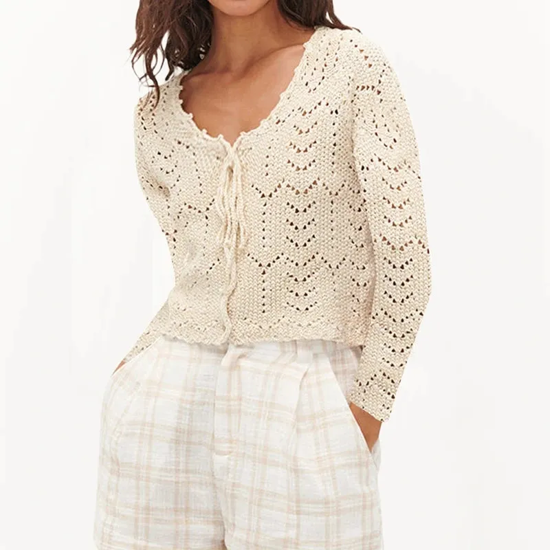 Toleet-Crochet Cardigan for Women Knitted Summer Hollow Out Button Down Sweater T-shirts Long Sleeve Crop Top Fashion Y2K Vintage Tees