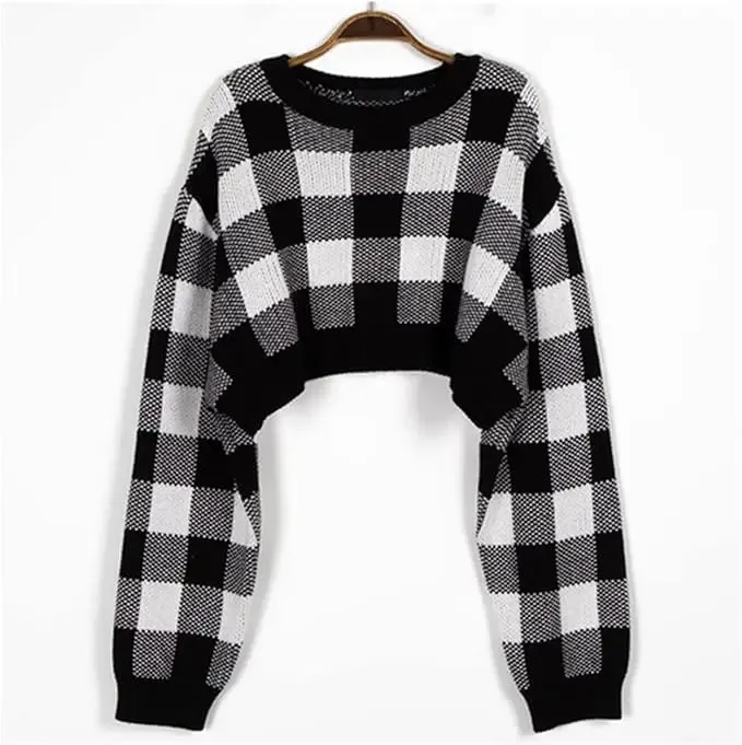 Toleet-Pullovers Women Checkerboard Crop Knit Sweater Long Sleeve Crew Neck Box-fit Plaid Jumper Outfit