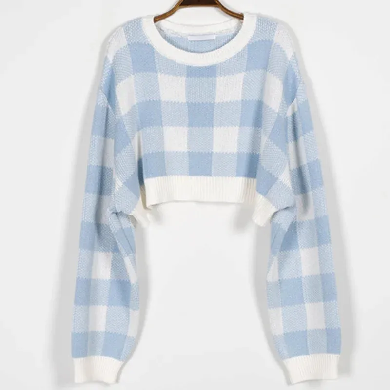 Toleet-Pullovers Women Checkerboard Crop Knit Sweater Long Sleeve Crew Neck Box-fit Plaid Jumper Outfit