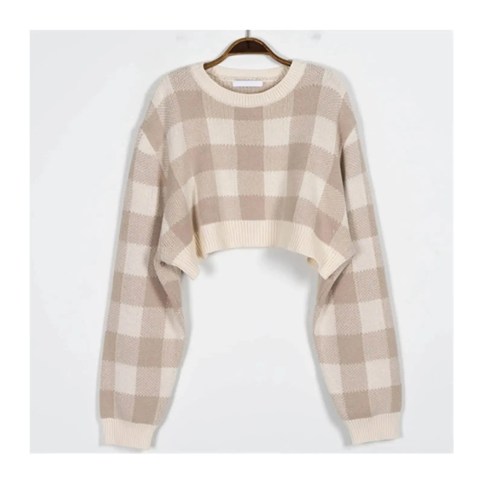 Toleet-Pullovers Women Checkerboard Crop Knit Sweater Long Sleeve Crew Neck Box-fit Plaid Jumper Outfit