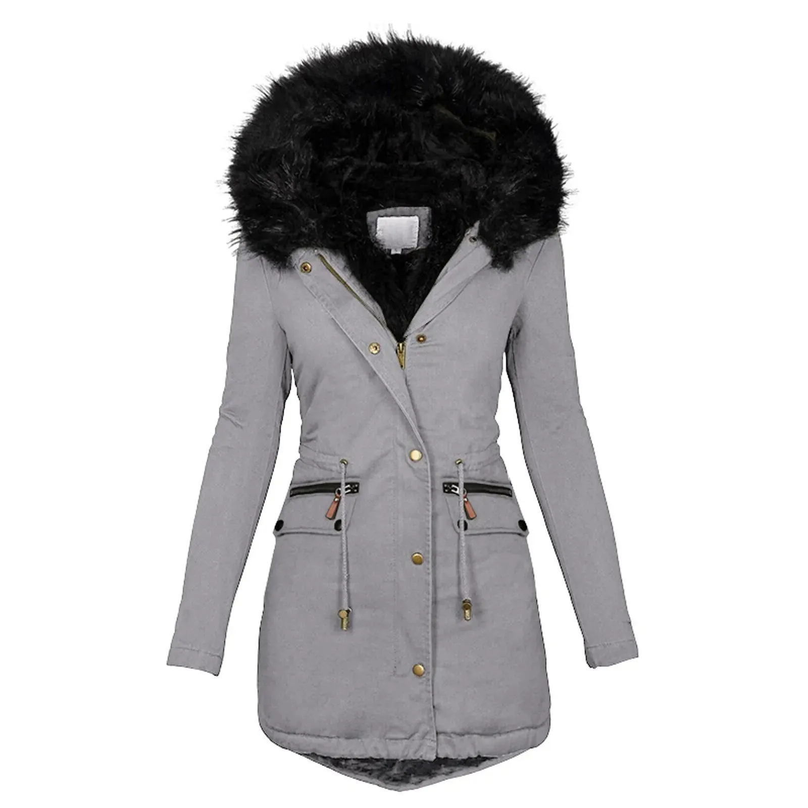 Uniwim 2024 Winter Thicken Warm Zip Up Button Hooded Overcoat Plus Size Fleece Lined Snow Wear Slim Outwear Jacket Coat With Adjustable Belt