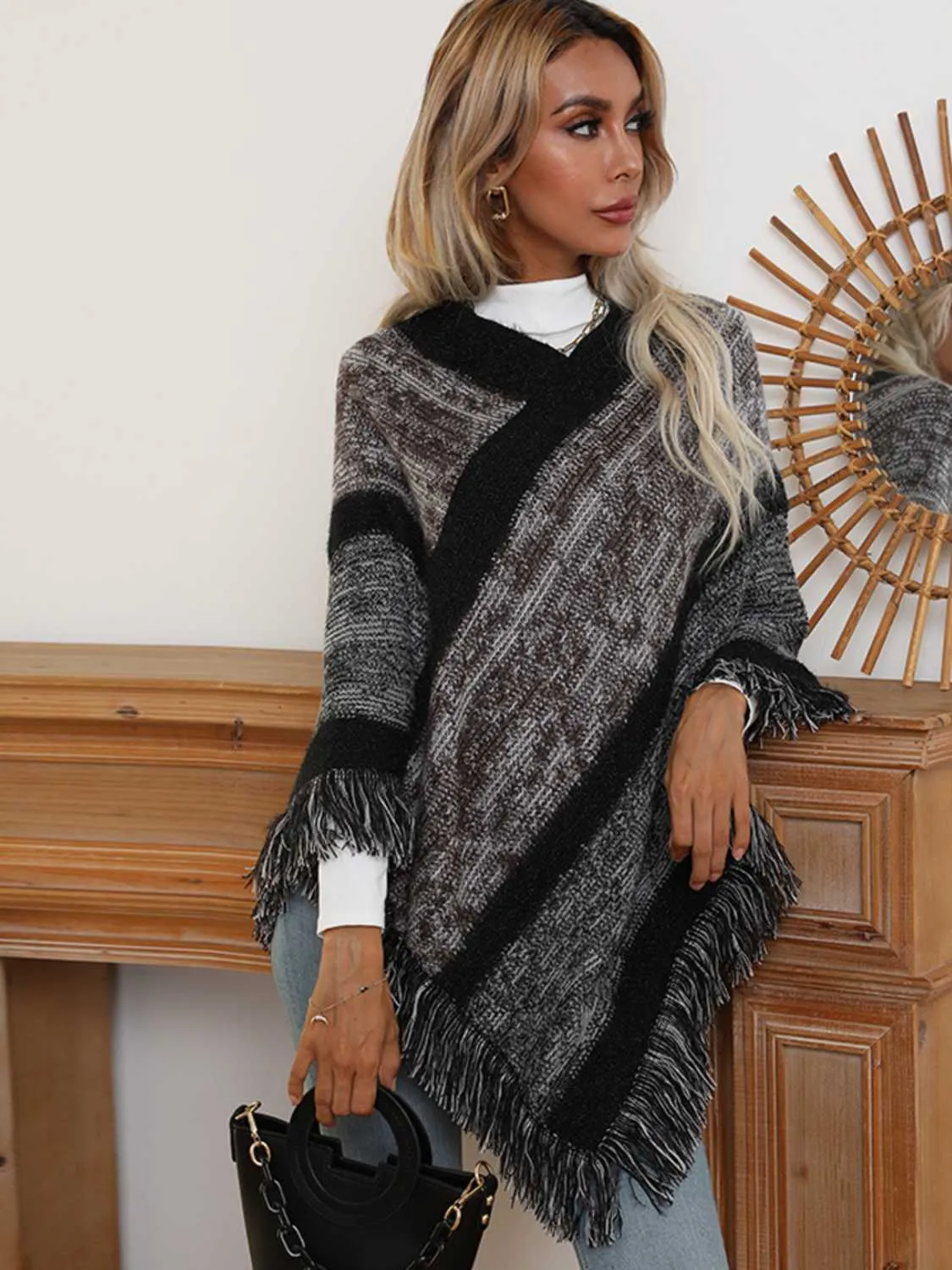 V-Neck Poncho with Fringes