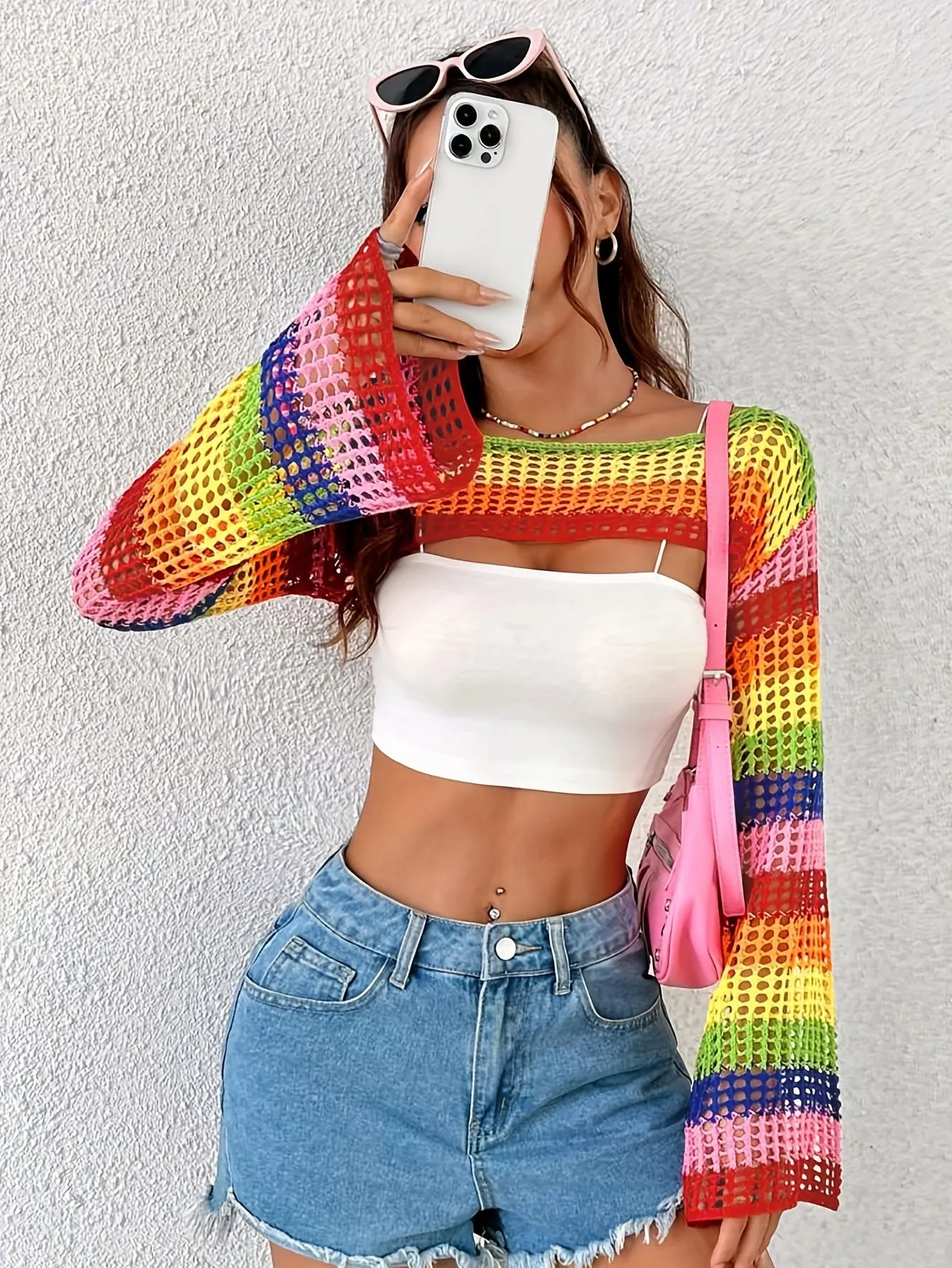 Vibrant Striped Crop Sweater - Soft, Open Knit, Flare Sleeve, Crew Neck, Casual, Spring & Fall Essential - Women's Knitted Top for Everyday Wear