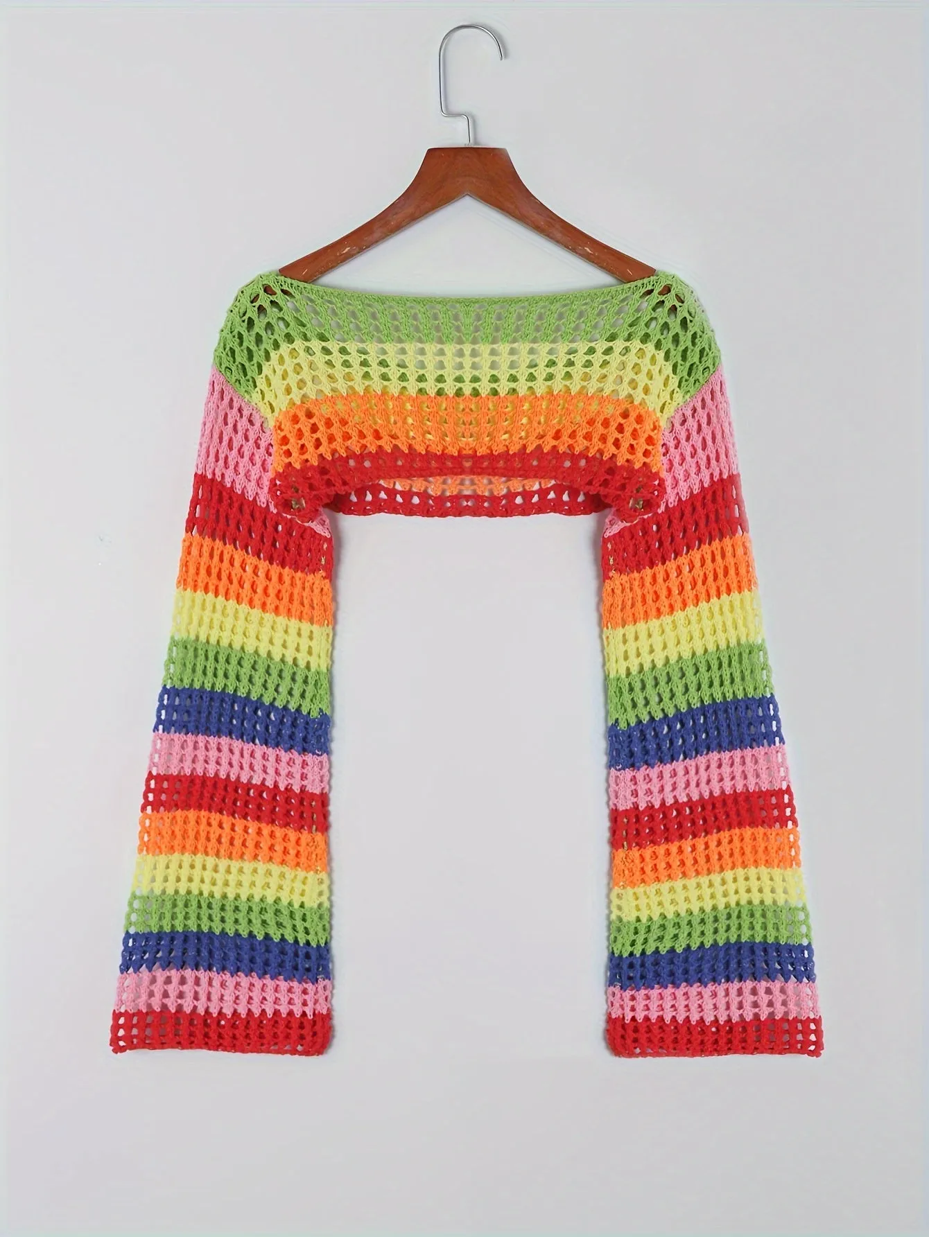 Vibrant Striped Crop Sweater - Soft, Open Knit, Flare Sleeve, Crew Neck, Casual, Spring & Fall Essential - Women's Knitted Top for Everyday Wear