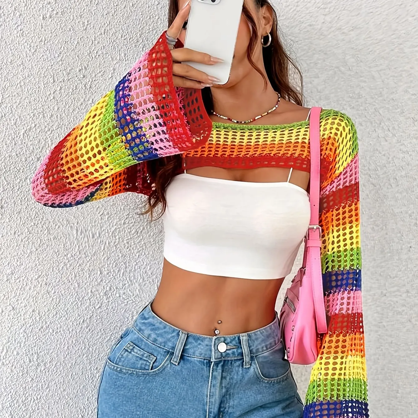 Vibrant Striped Crop Sweater - Soft, Open Knit, Flare Sleeve, Crew Neck, Casual, Spring & Fall Essential - Women's Knitted Top for Everyday Wear