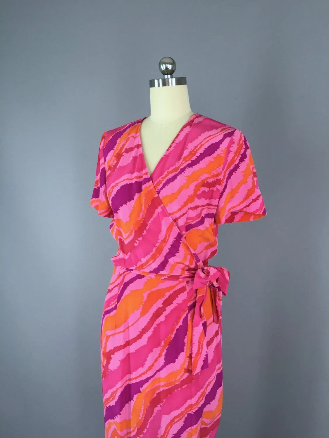 Vintage Pink Silk Dress / 1980s Wrap Style