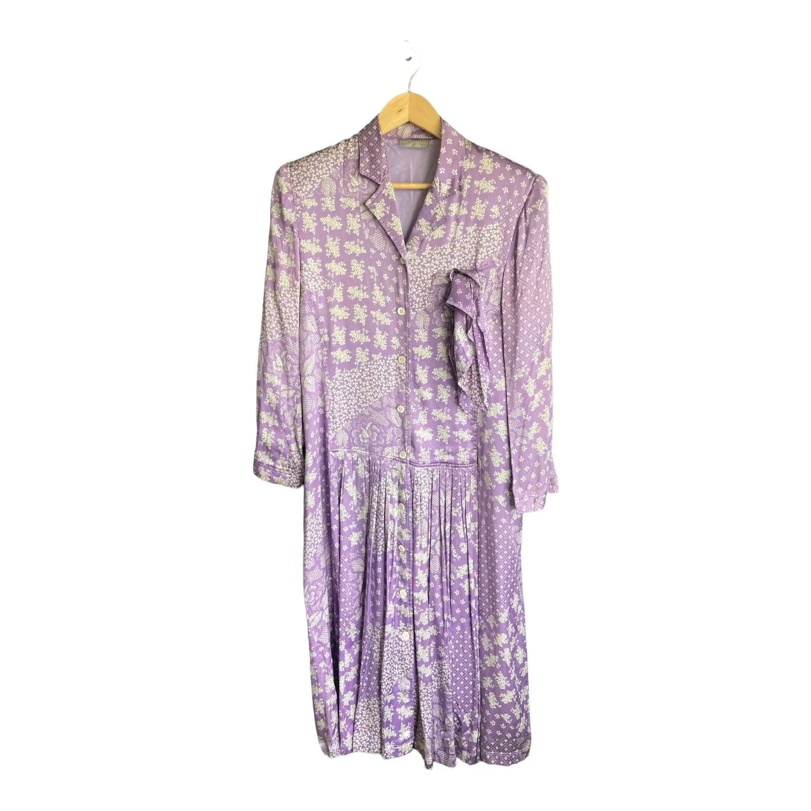 Vintage Roland Klien Silk Lilac And Cream Patterned Long Sleeved Dress UK Size 10