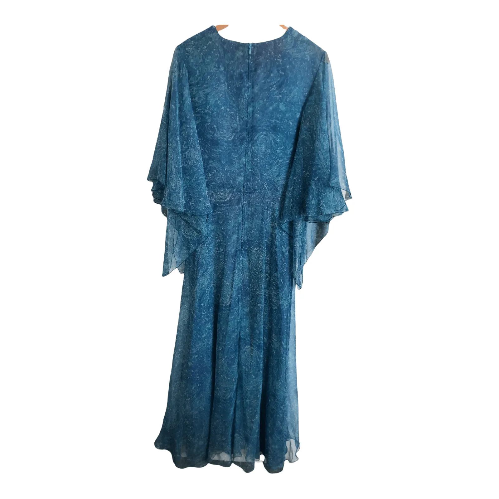 Vintage Vera Mont Polyester Chiffon Long Sleeve Fit & Flare Maxi Dress Light Blue Small Swirl Print UK Size 12-14