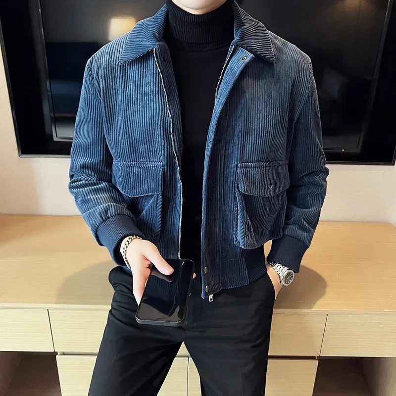 Wiaofellas  -  Clothing Corduroy Thickened Men's Overcoat Blue Autumn Casual Slim Fashion Plaid  Pockets Decorate Jacket Coats