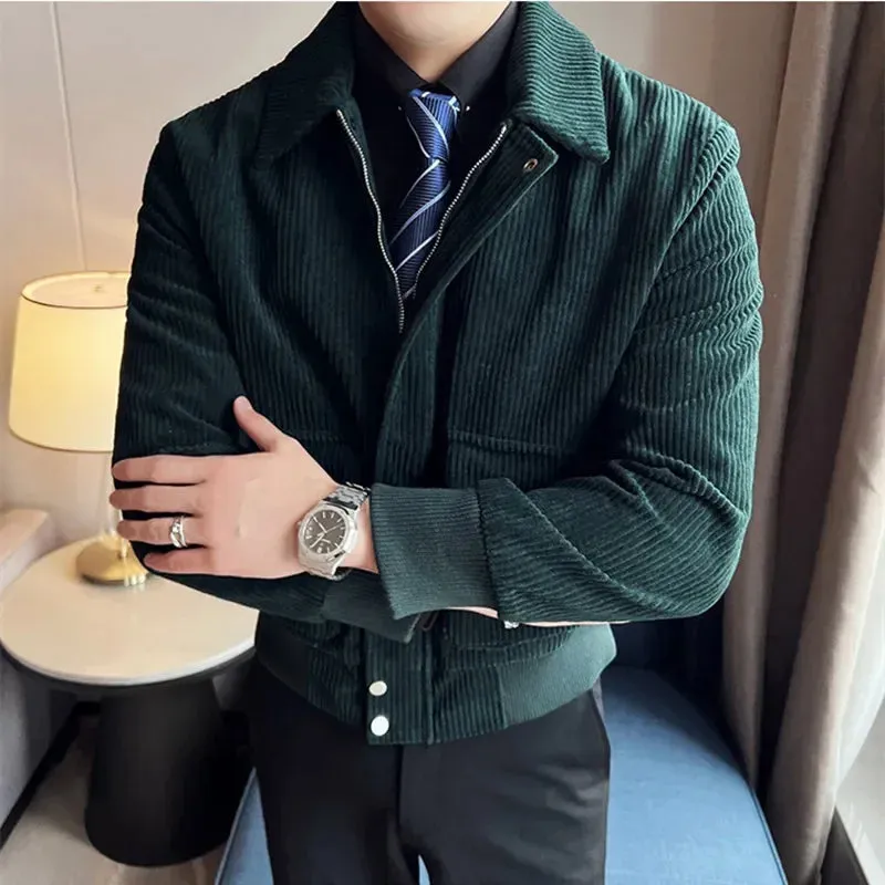 Wiaofellas  -  Clothing Corduroy Thickened Men's Overcoat Blue Autumn Casual Slim Fashion Plaid  Pockets Decorate Jacket Coats