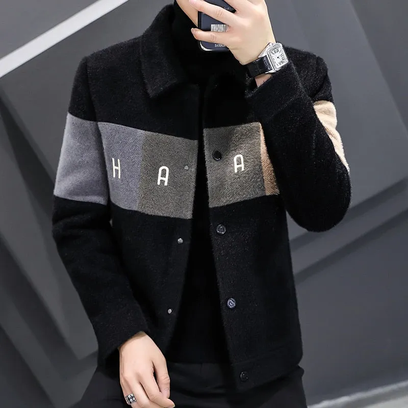 Winter Wool Blends Jacket Men Short Casual Business Trench Coat Slim Stitching Windbreaker Social Streetwear Overcoat