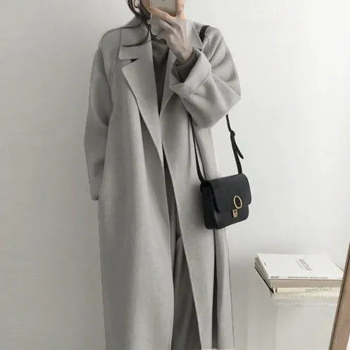 Wjczt Women's Woolen Overcoat Korean Style Fried Street Suit Collar Loose Lace-up Autumn and Winter Extended Double-Sided Woolen Overcoat